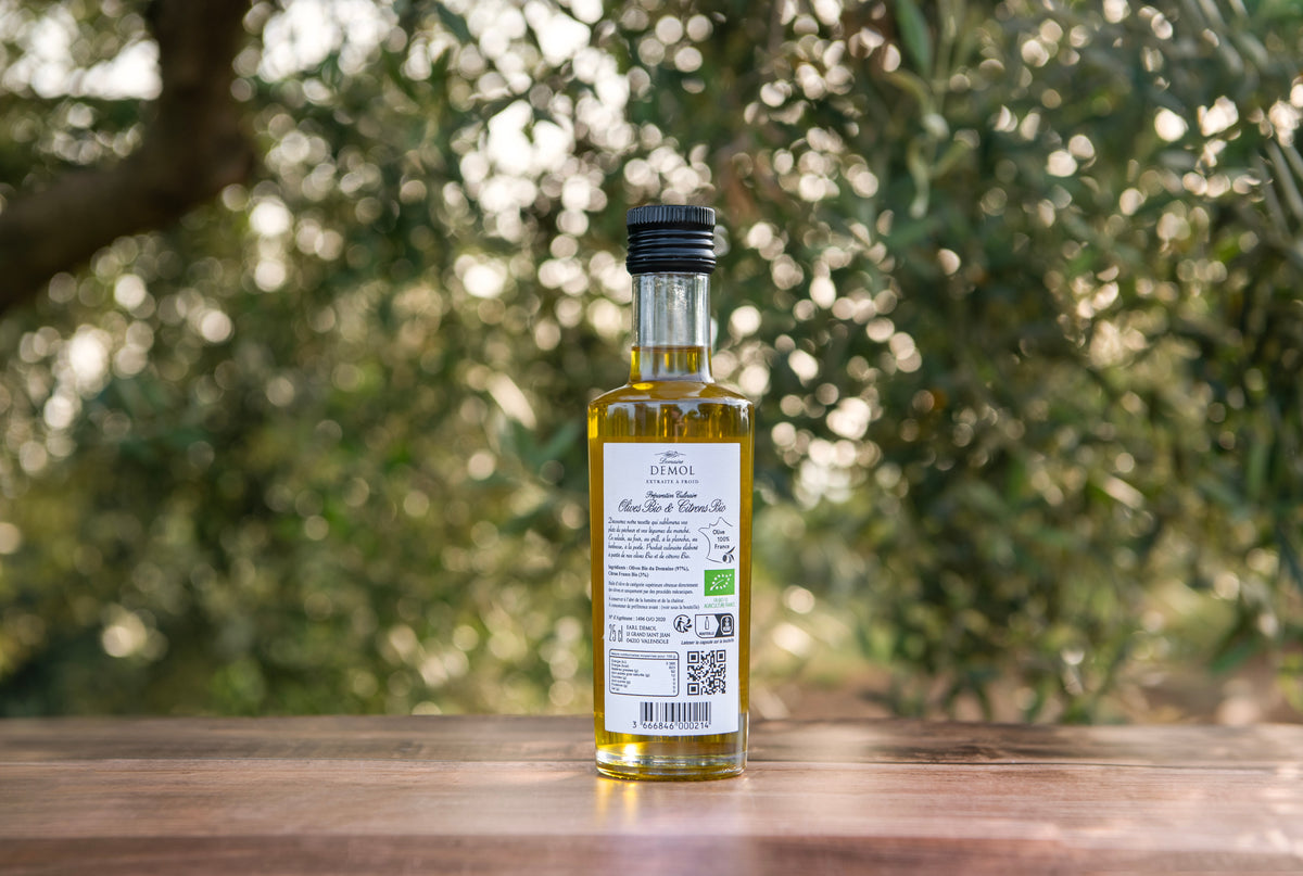 Dos de la bouteille d'huile d'olive au citron BIO du Domaine Demol : composition, code-barres et logo bio