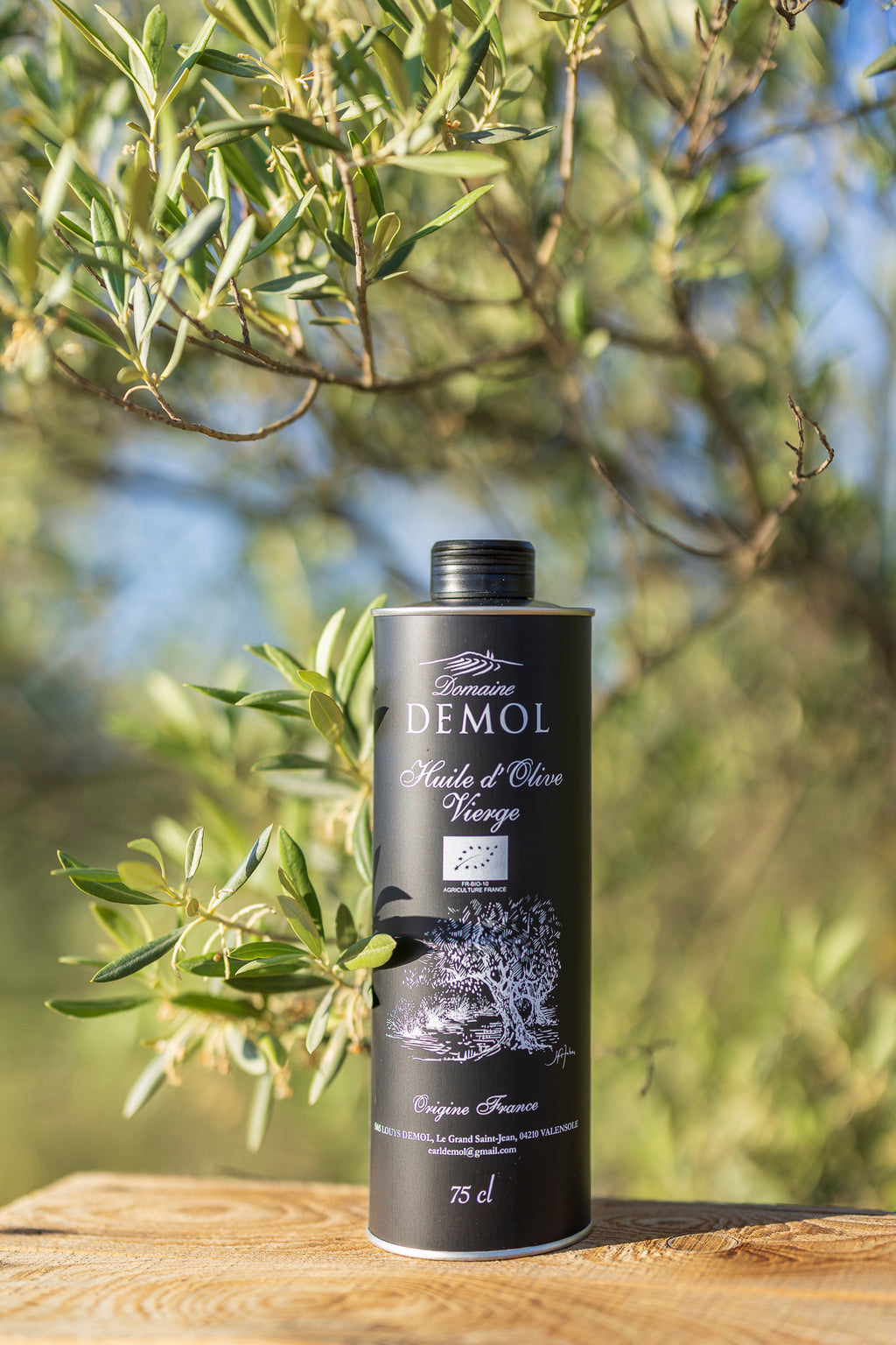 Bouteille de 75 cl d'huile d'olive vierge Domaine Demol, étiquette noire, devant les oliviers du domaine