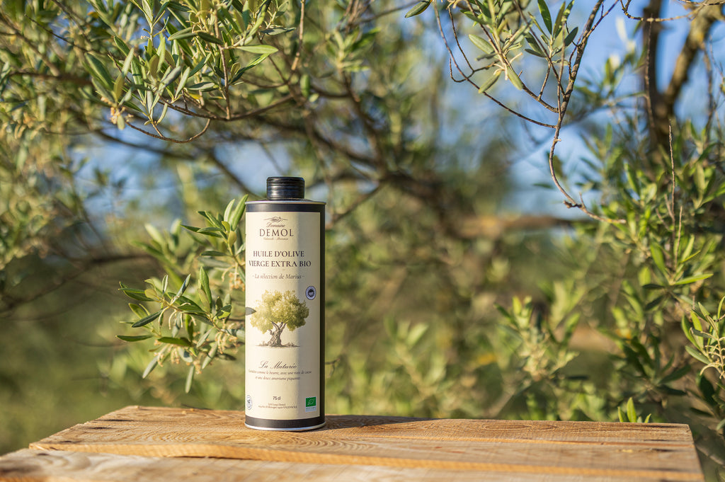 Bouteille de 75 cl d'huile d'olive maturée BIO sur une table en bois, au milieu des oliviers