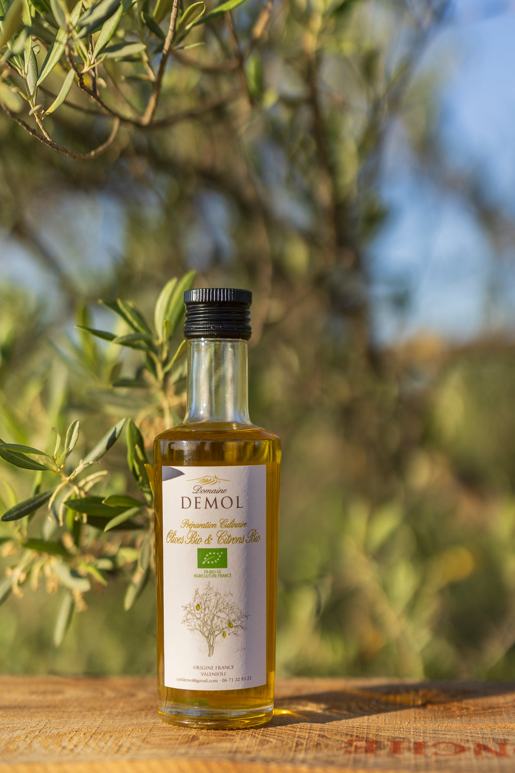 Bouteille d'huile d'olive aux olives et citrons BIO du Domaine Demol, de face, parmi les branches d'olivier