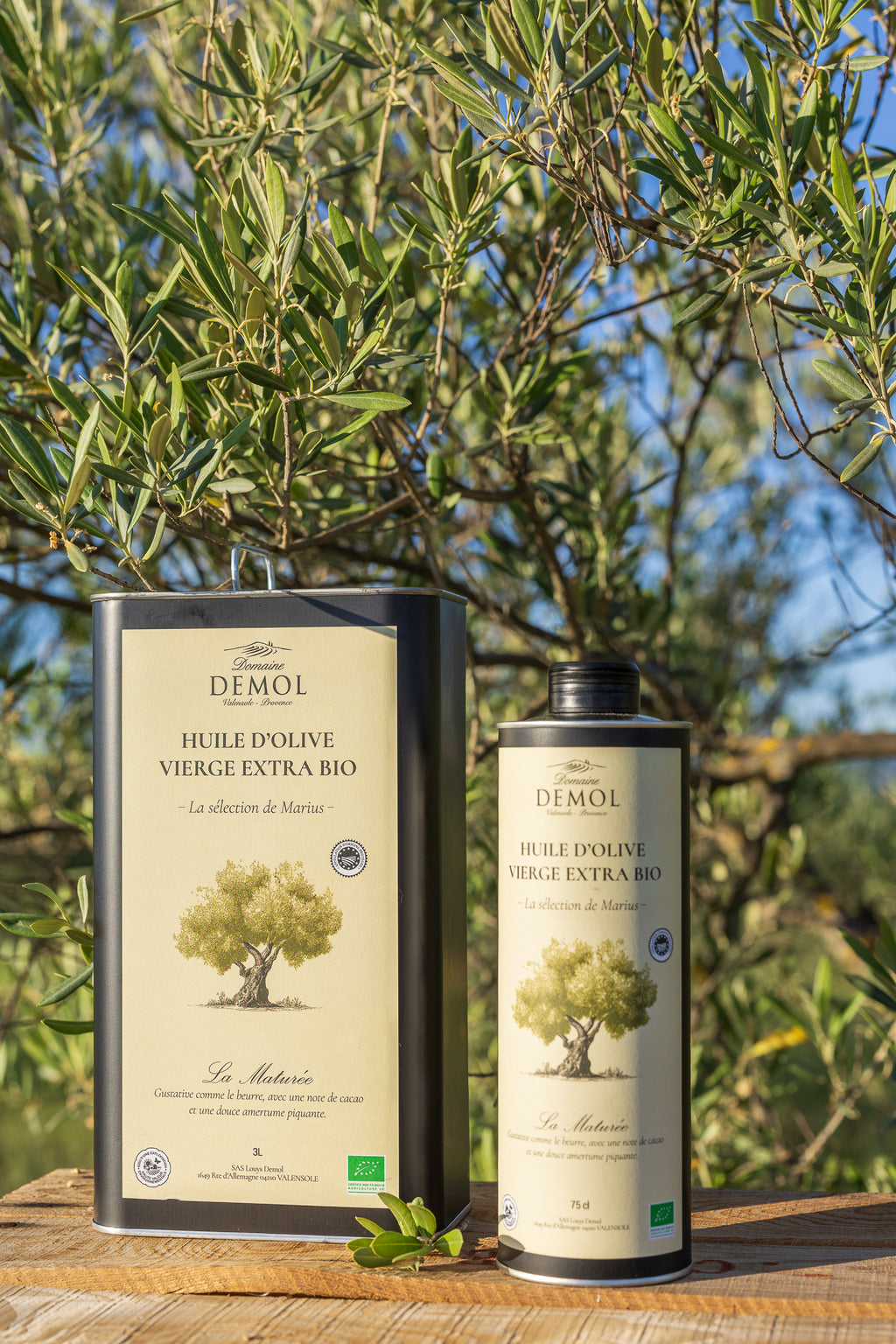 Les deux contenances d'huile d'olive maturée BIO : bidon de 3 l et bouteille de 75 cl