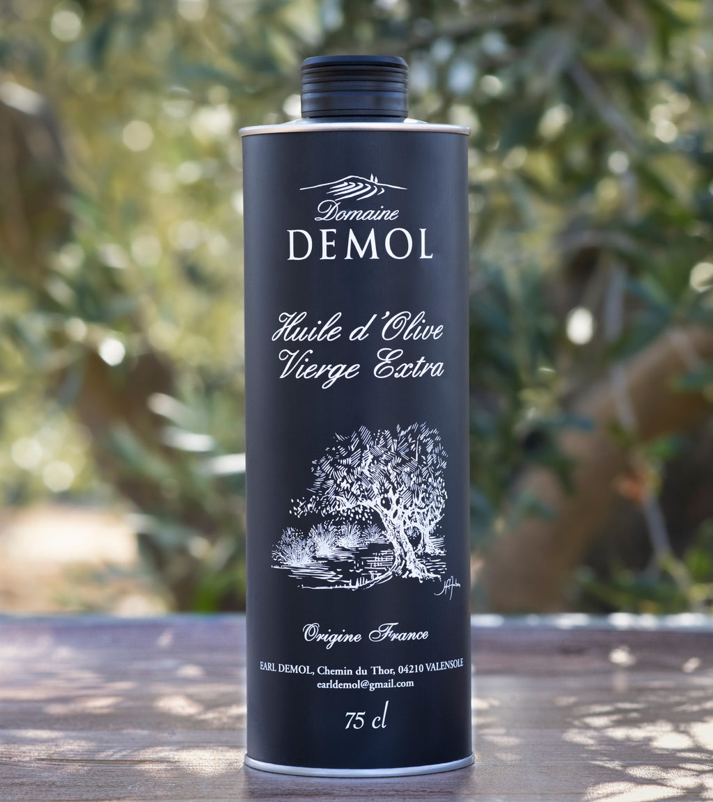 Bidon d'huile d'olive vierge extra BIO 75 cl du Domaine Demol, étiquette à l'olivier gravé